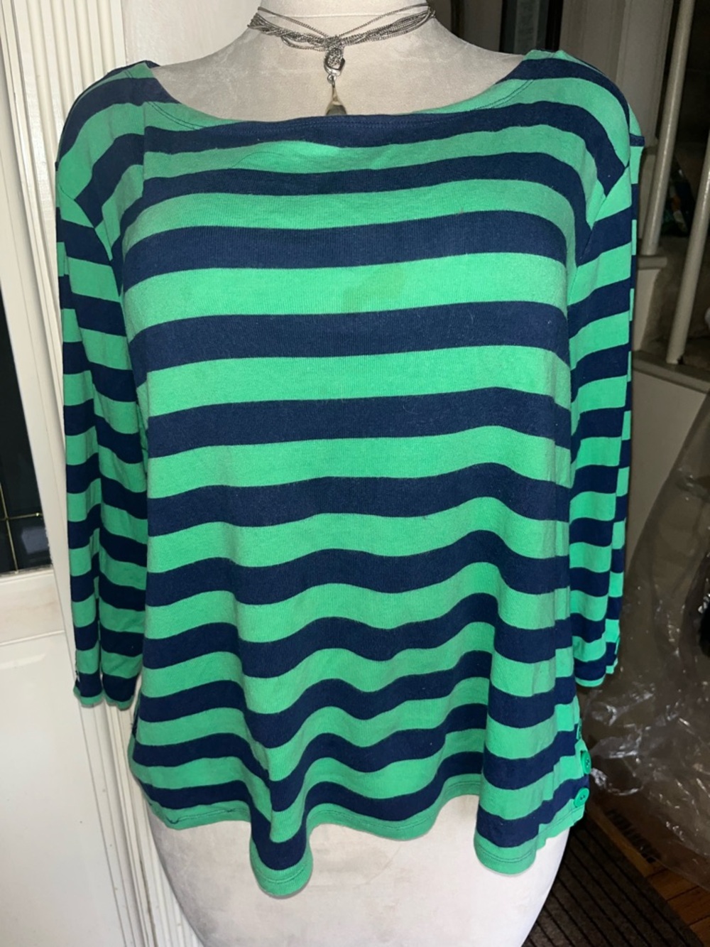 C.B. Casual 3X Green Navy Striped Top Button Detail Preppy/Nautical Vibes